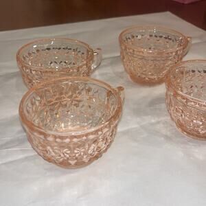 Vintage 1940s Jeannette Glass Holiday Pink Four (4) Handled Cups